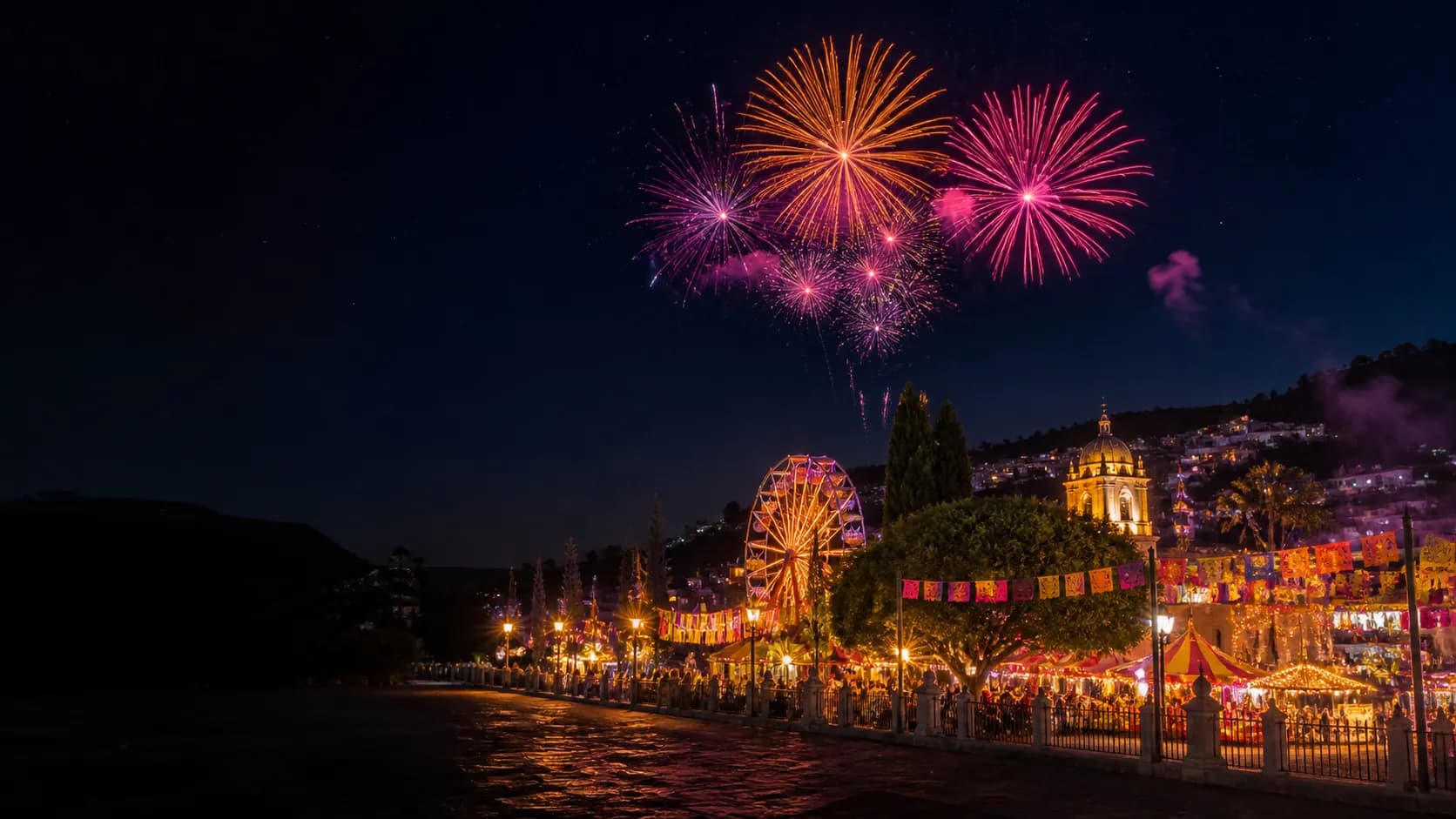 Feria de pueblo iluminada con fuegos artificiales