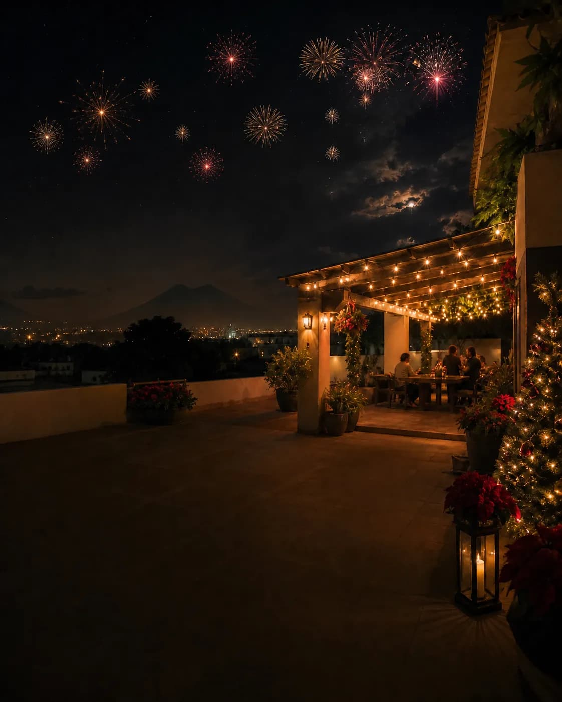 Celebración de Nochebuena con fuegos artificiales a la distancia